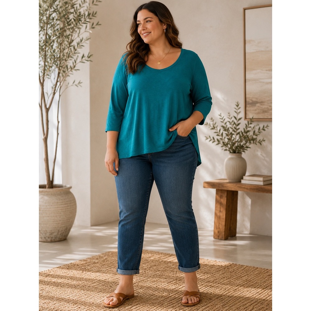 Kirkland Signature Teal Blue Cotton Slub Tee 3/4 Sleeve Scoop Neck XXL 7991664 - Picture 1 of 10